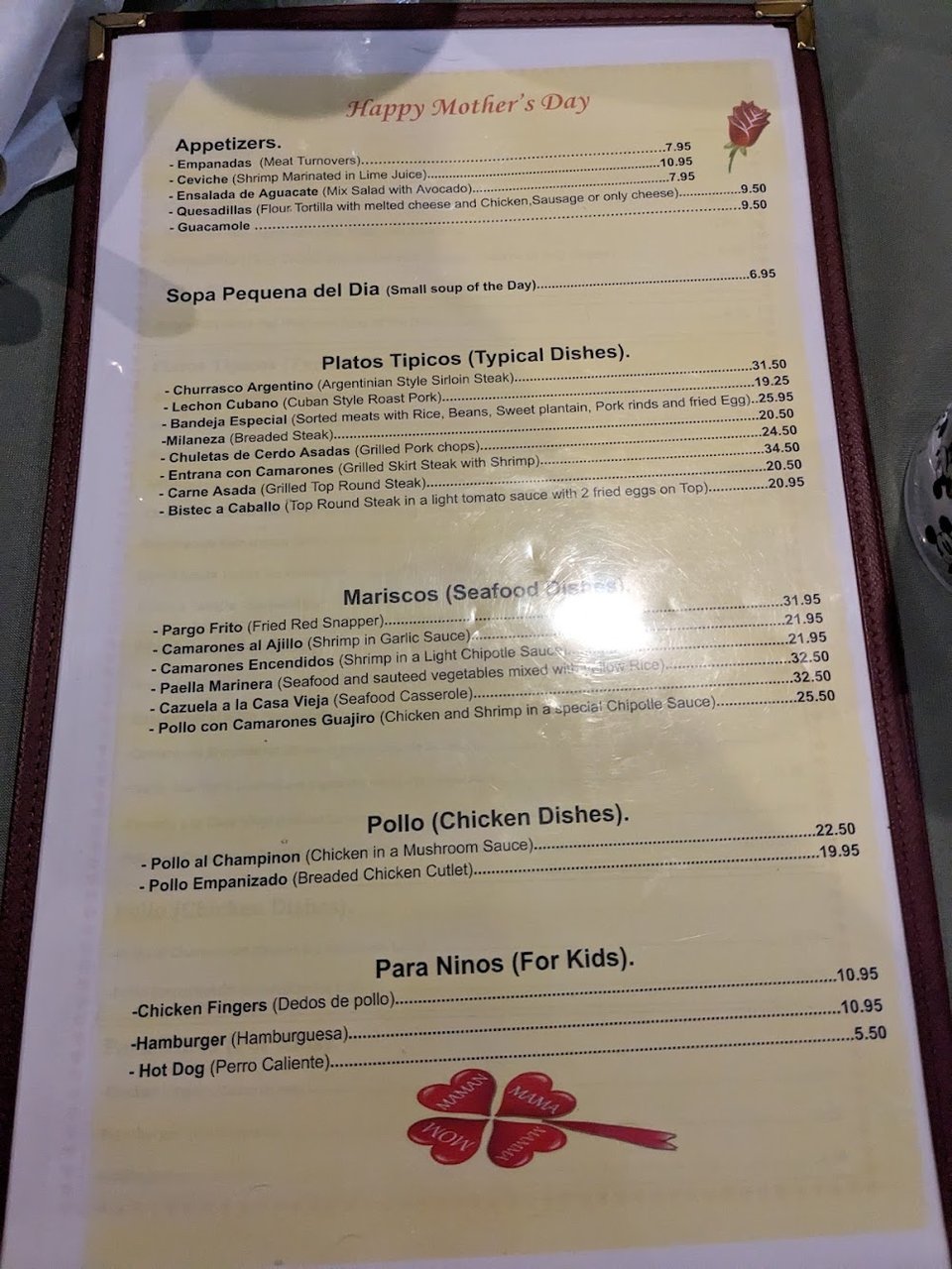 Menu page with Colombian and Mexican dishes.