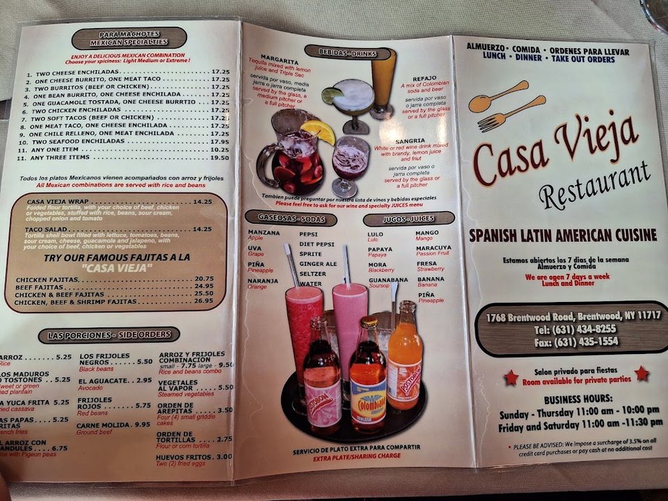 Latin American menu with appetizers and typical dishes.