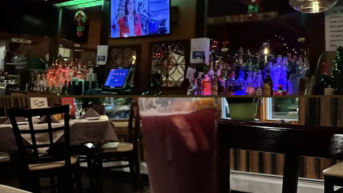 Dining tables inside a casual Colombian restaurant.