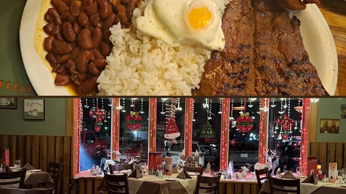 Warm interior with table service and seating.