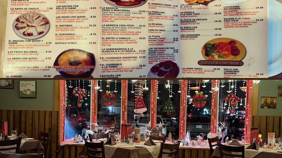 Dining tables inside a casual Colombian restaurant.